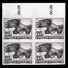 Michel 968 P IV - Native bird world, 20 Schilling, proof, block of 4 with margin piece, certified